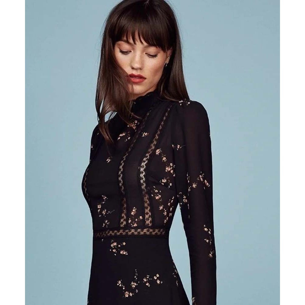 Reformation Florence Mini Dress Size 0 Black Floral Lace Long Sleeve Sheer